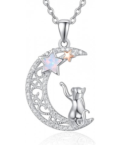 Cat Necklace 925 Sterling Silver Cat Pendant Moon Opal Pearl Necklace Cute Cat Lover Gift Animal Jewelry A-Moon Cat $20.58 Ne...
