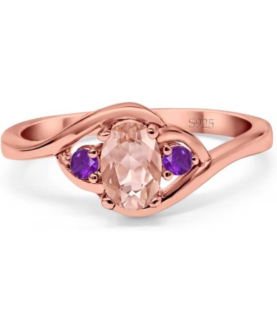 Three Stone Engagement Ring Oval Cut Round Simulated Amethyst Cubic Zirconia 925 Sterling Silver Rose Tone, Simulated Morgani...