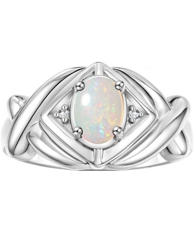 Hugs & Kisses XOXO Ring with 7X5MM Gemstone & Diamonds - Birthstone Jewelry for Women in Sterling Silver, Sizes 5-10 Opal Afr...
