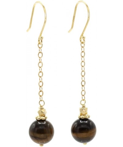 14k Gold Filled Single Gemstone Chain Drop Earring with Gold Crown and Bead Accented Fishhook Earrings tiger-eye $14.53 Earrings