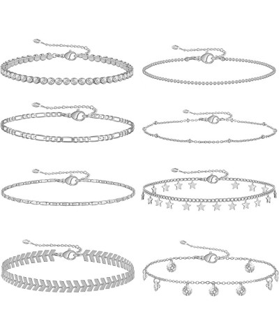4/8 PCS 18K Gold Plated Multi-style Adjustable Charm Anklet Bracelets with CZ for Women & Teen Girls Gift 2-8pack-silver $8.8...