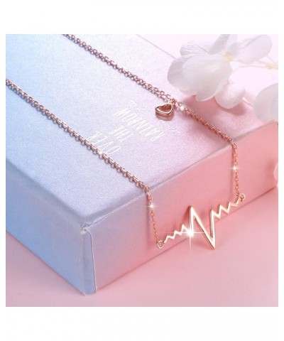 Heartbeat Necklace 925 Sterling Silver Ekg Cute Life Line Heartbeat Love Cardiogram Necklace Gift for Women Girls,18 Rose Gol...