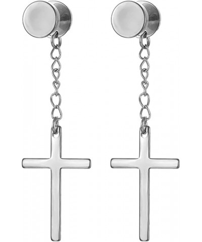 Steel Earrings For Women, Men Women Stainless Steel Barbell with Chain Cross Pendant Dangle Earrings Silver $9.17 Earrings