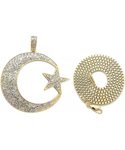 Unisex Iced Out Crescent Moon & Star Pendant 24" Various Chain Necklace in Gold, Silver Tone Gold / 2mm 24" Box Chain $14.15 ...