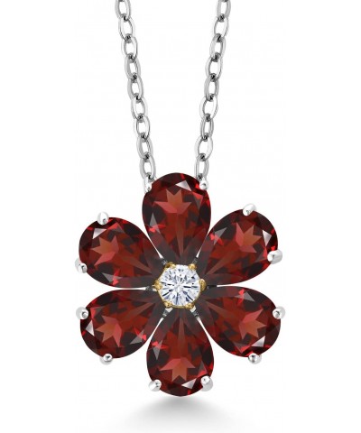 925 Silver and 10K Yellow Gold Red Garnet and White Moissanite Pear Shape Flower Pendant Necklace For Women (3.01 Cttw, with ...